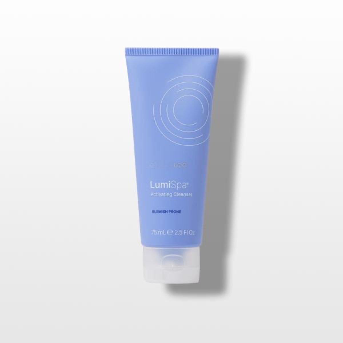 Blue tube of LumiSpa Blemish Prone cleanser on a white background