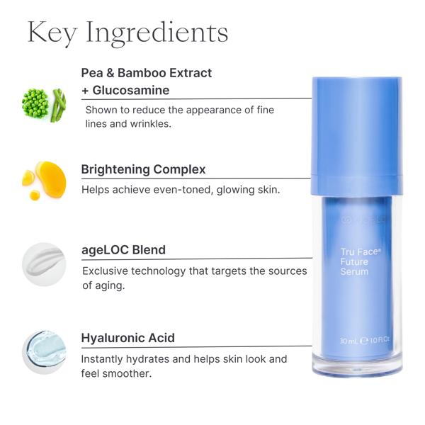 Blue skincare serum bottle with key ingredients listed on a white background
