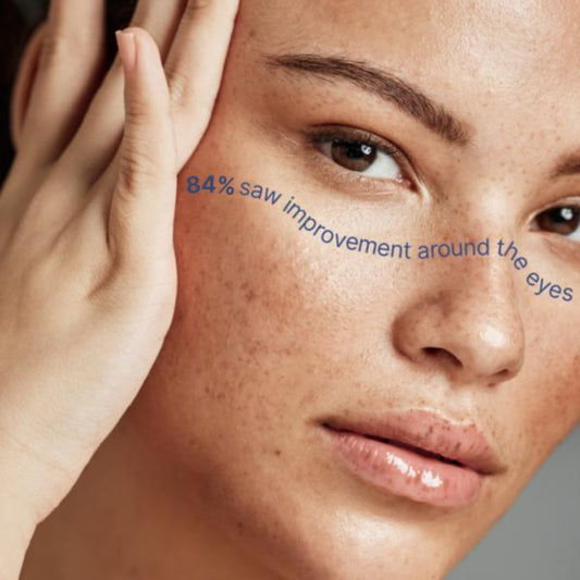 Close-up of a person's face with text about skin improvement around the eyes.