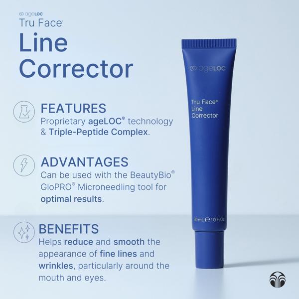 Blue tube of Tru Face Line Corrector with features, advantages, and benefits listed on a light blue background.