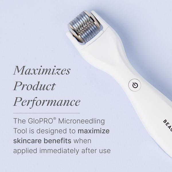 GloPRO Microneedling Tool on a light blue background with text about product performance.