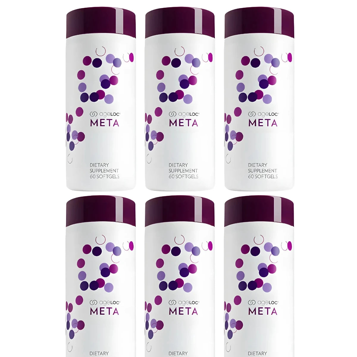 Six bottles of Meta dietary supplements on a white background