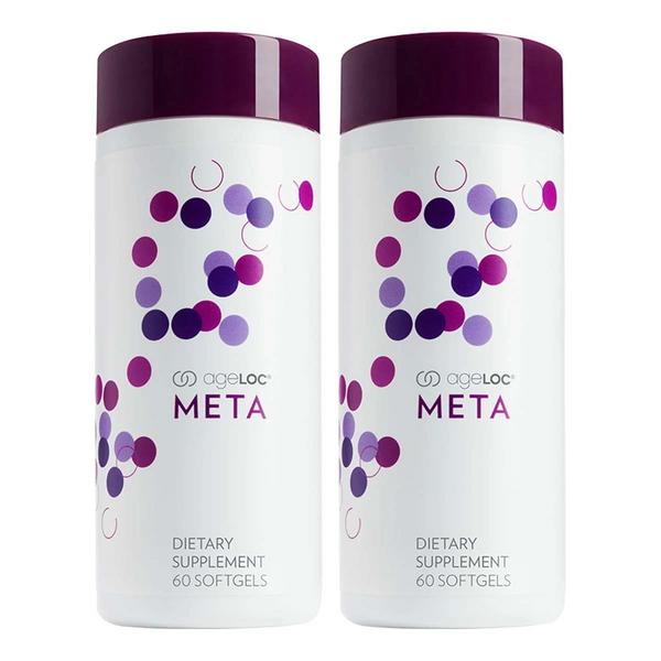 Two bottles of ageLOC META dietary supplements on a white background