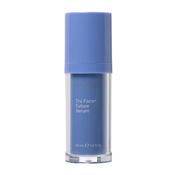 Blue skincare serum bottle labeled 'Tru Face Future Serum' on a white background