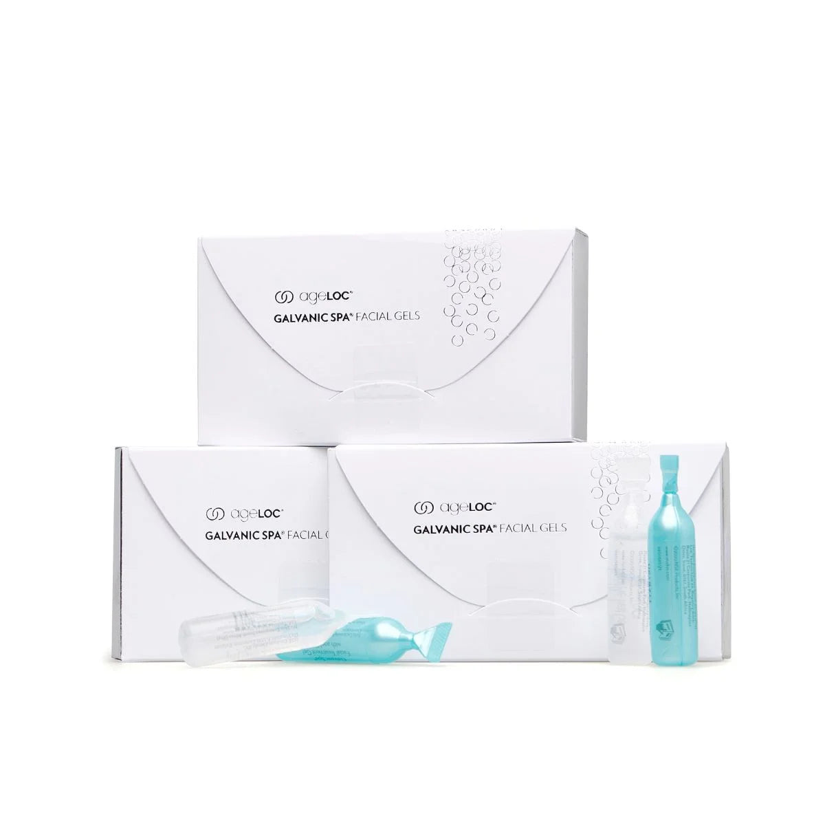 3 boxes of Age Loc Galvanic Spa Facial Gels on a white background