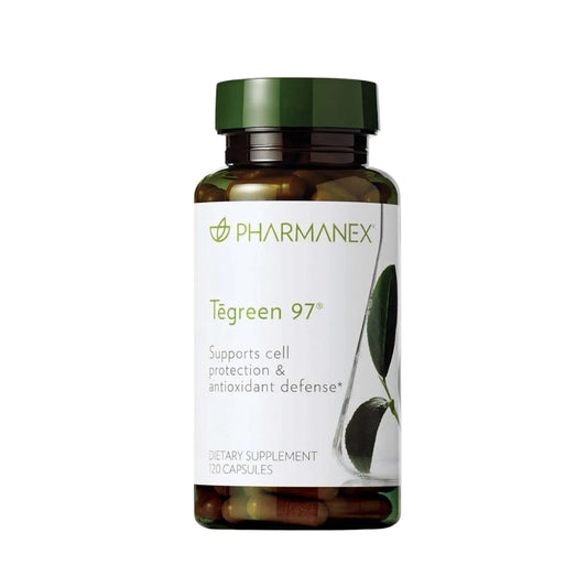 Pharmanex Tegreen 97 dietary supplement bottle on a white background