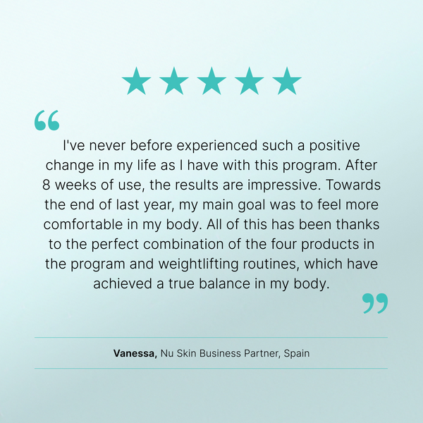 Five-star review with a quote from Vanessa, a Nu Skin Business Partner in Spain, on a light blue background.