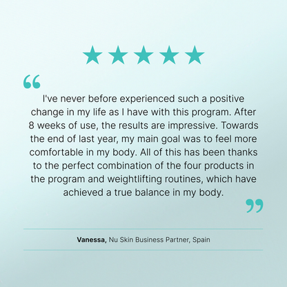 Five-star review with a quote from Vanessa, a Nu Skin Business Partner in Spain, on a light blue background.