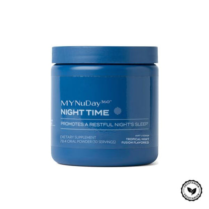 Blue container of MYNuDay 360 Night Time supplement on a white background