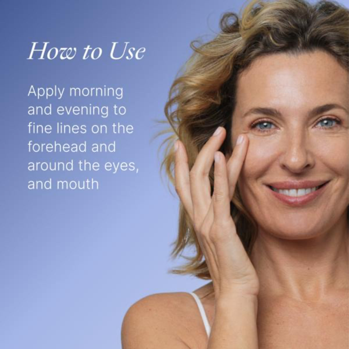 Woman applying skincare product with text on a blue background