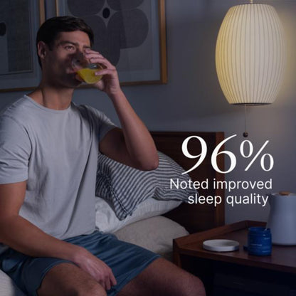 Man sitting on a bed in a dimly lit room with a lamp and nightstand, drinking from a glass.