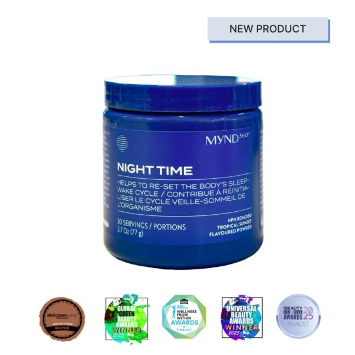 Blue container labeled 'MYND360 Night Time' on a white background with product awards displayed below.