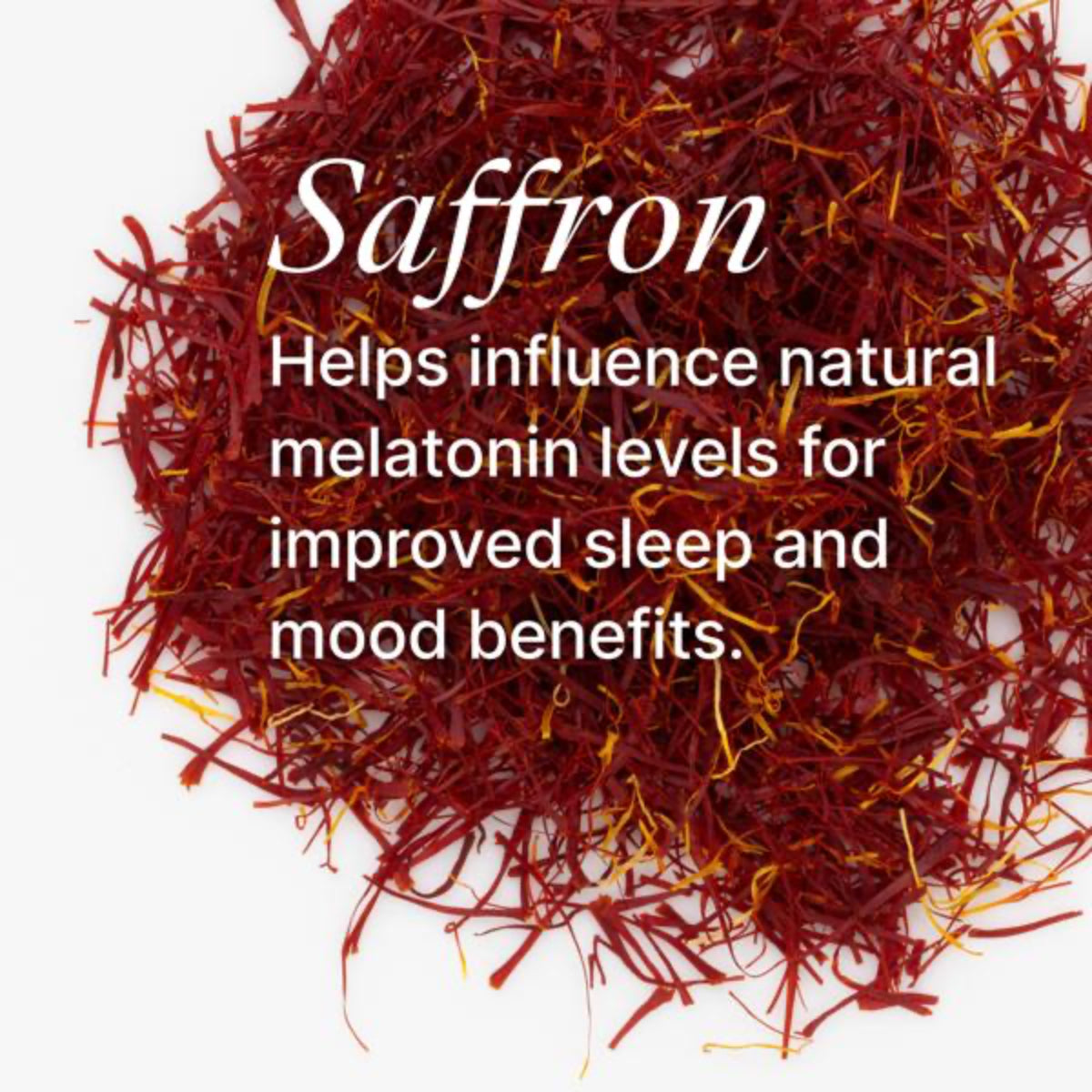 Saffron threads with text about sleep and mood benefits on a white background