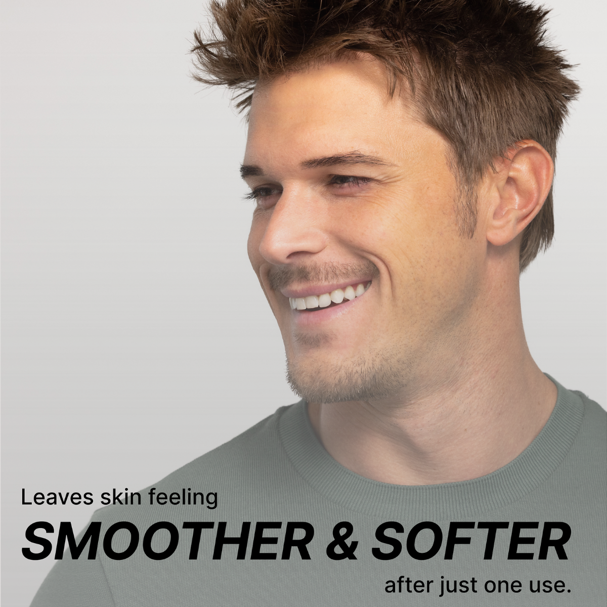 Man with styled hair on a gray background with text about hair product benefits