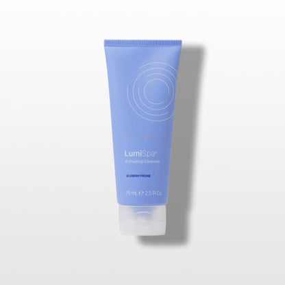 Blue tube of LumiSpa Blemish Prone cleanser on a white background