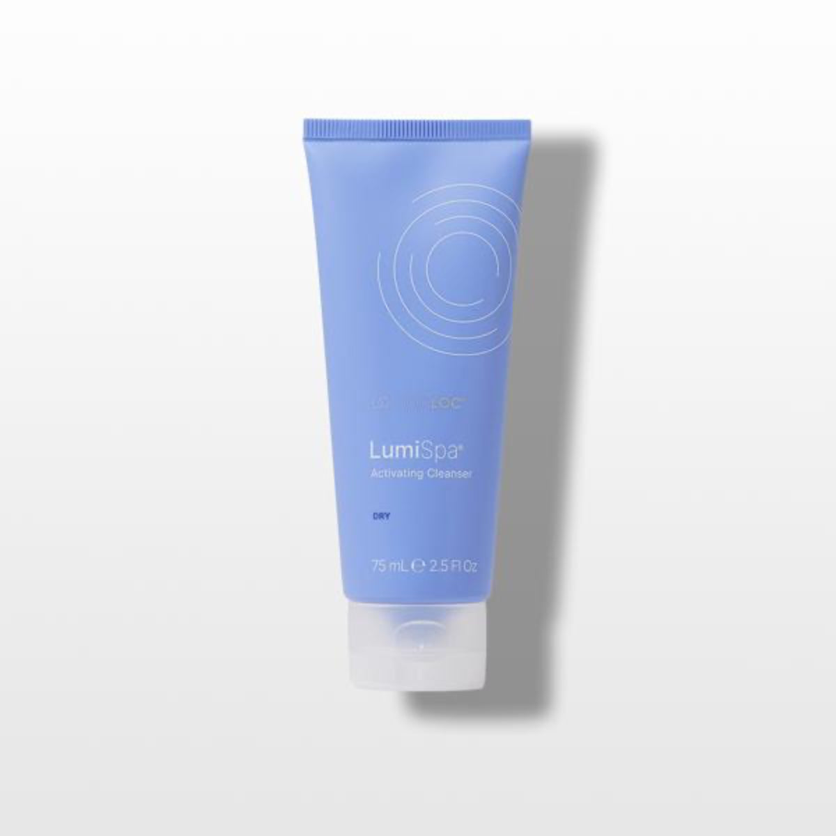 Blue tube of LumiSpa Dry cleanser on a white background