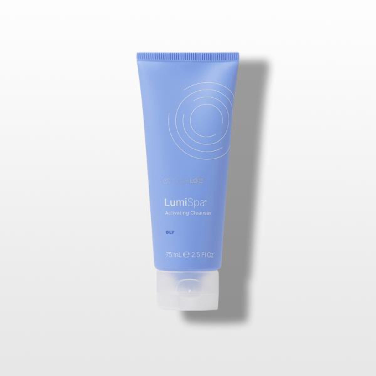 Blue tube of LumiSpa Oily cleanser on a white background
