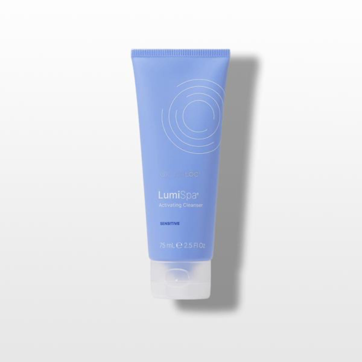 Blue tube of LumiSpa Sensitive cleanser on a white background