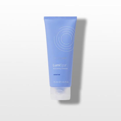 Blue tube of LumiSpa Sensitive cleanser on a white background