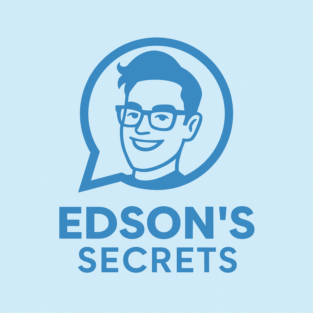 Logo of Edson's Secrets with a stylized illustration of a person in a speech bubble on a light blue background.