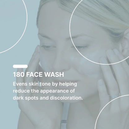 Woman applying face wash with text about 180 Face Wash benefits on a light blue background