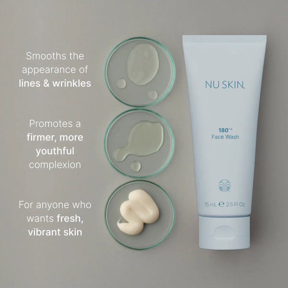 NU SKIN 180 Face Wash tube with skincare benefits on a gray background