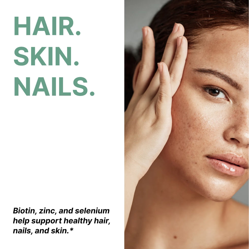 Woman touching her face with text about hair, skin, and nails.