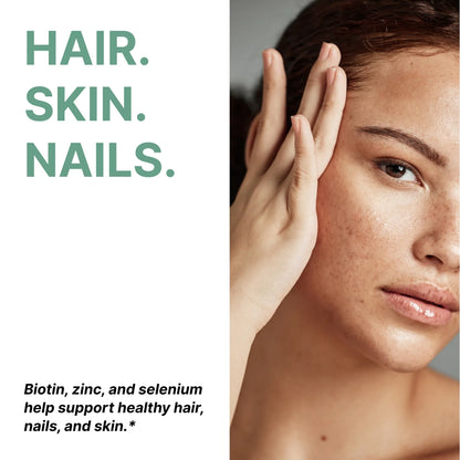 Woman touching her face with text about hair, skin, and nails.