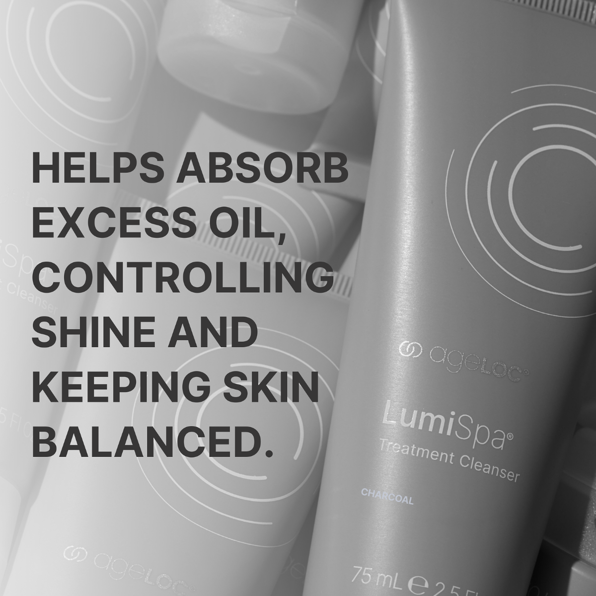 LumiSpa treatment cleanser tube with text about skincare benefits on a gray background