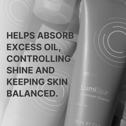 LumiSpa treatment cleanser tube with text about skincare benefits on a gray background