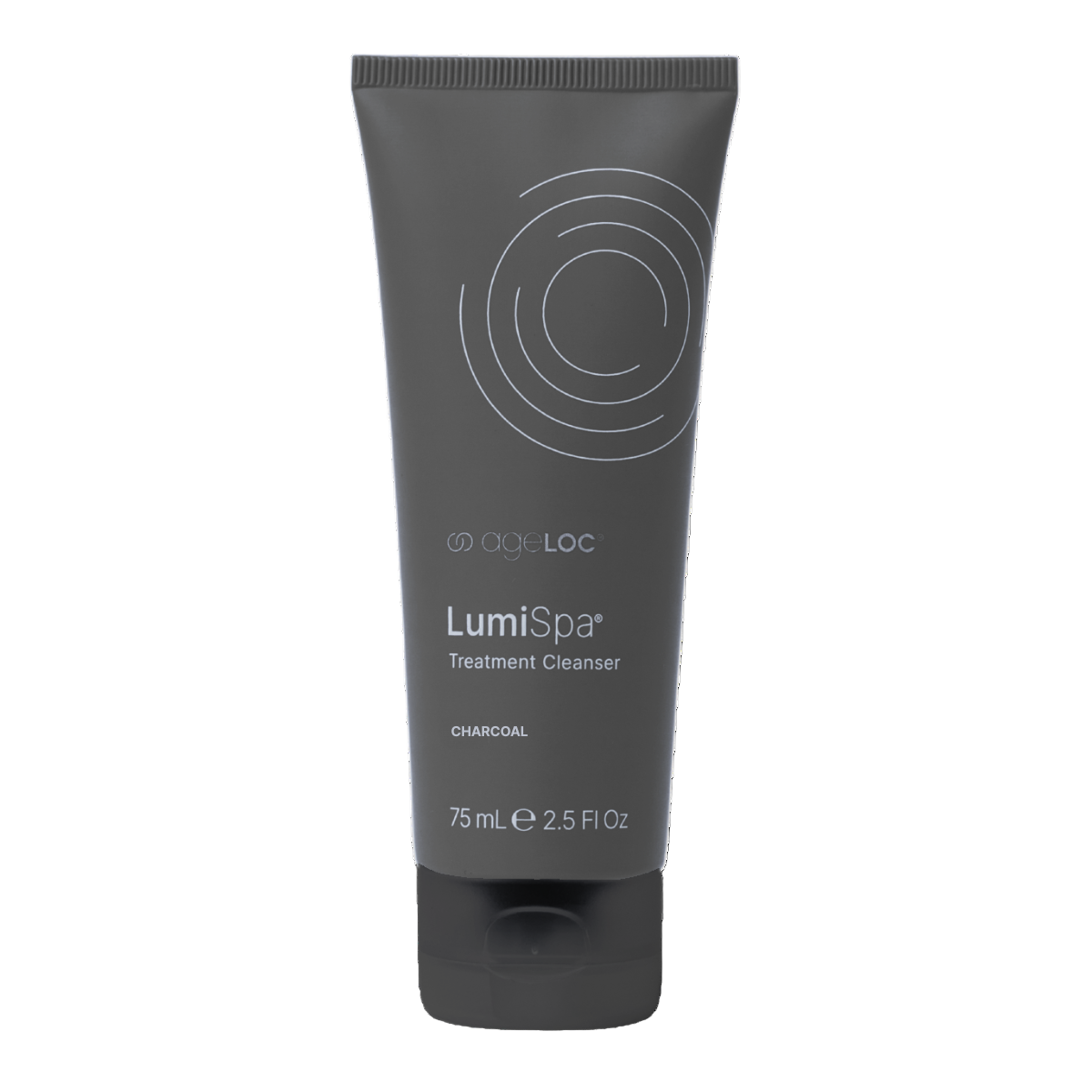 LumiSpa treatment cleanser tube with charcoal label on a white background