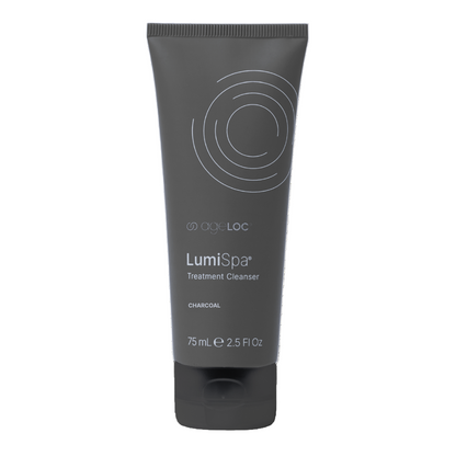 LumiSpa treatment cleanser tube with charcoal label on a white background