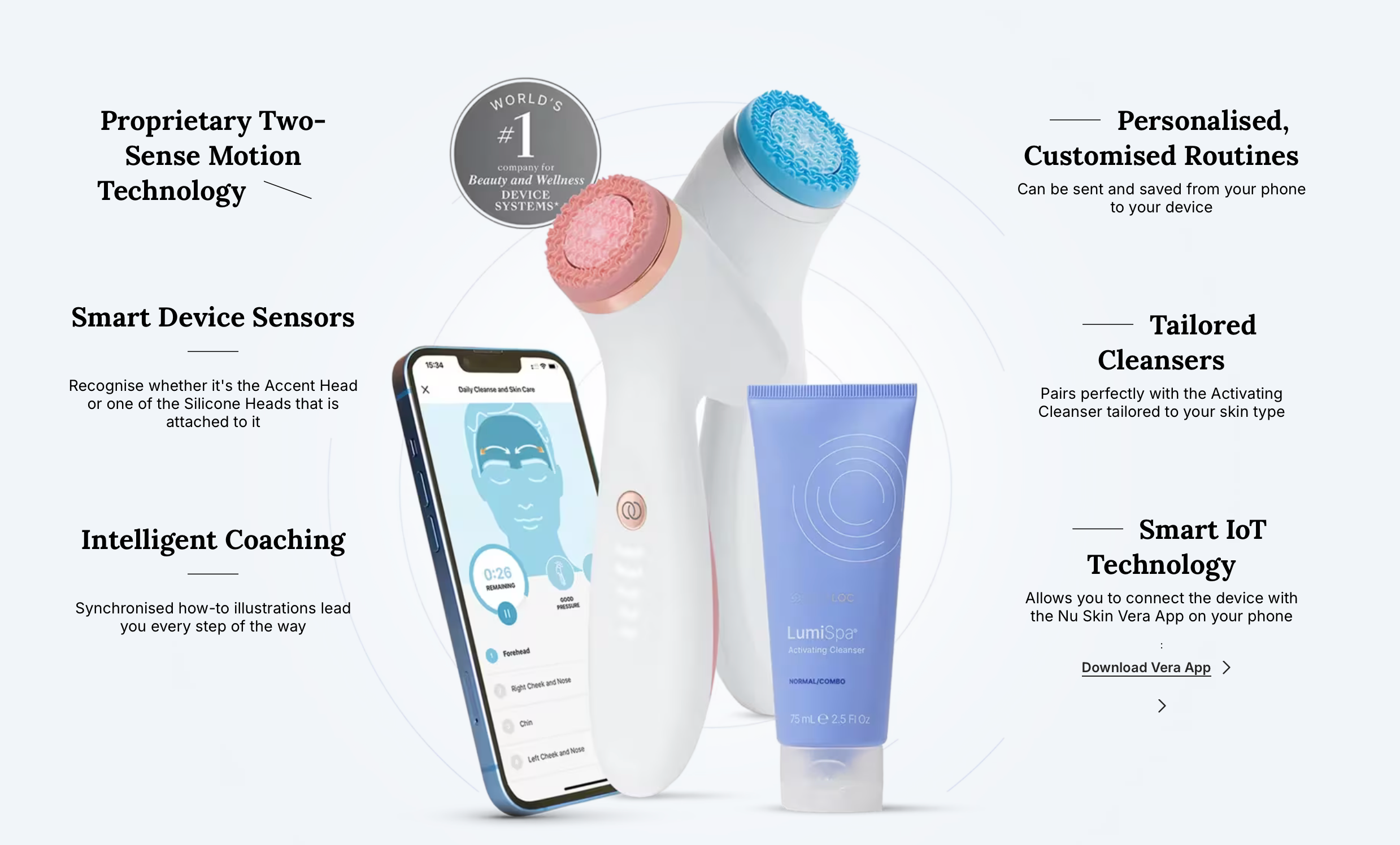 Skincare device with smartphone app, silicone heads, and cleanser on a white background