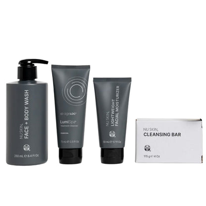 Nu Skin Men’s Skincare Line Bundle featuring ageLOC LumiSpa iO Black and Charcoal Cleanser.