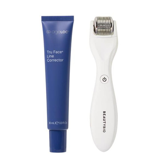 Blue tube of 'ageLOC Tru Face Line Corrector' and white device with 'BEAUTYBIQ' branding on a white background