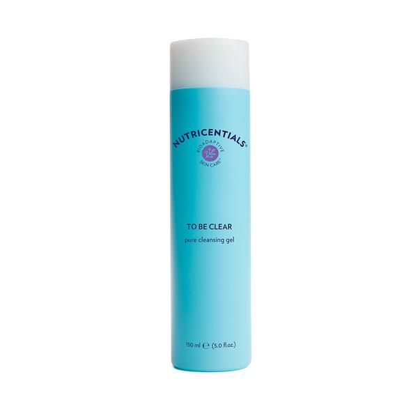Blue bottle of Nutricentials To Be Clear cleansing gel on a white background