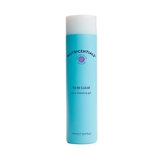 Blue bottle of Nutricentials To Be Clear cleansing gel on a white background