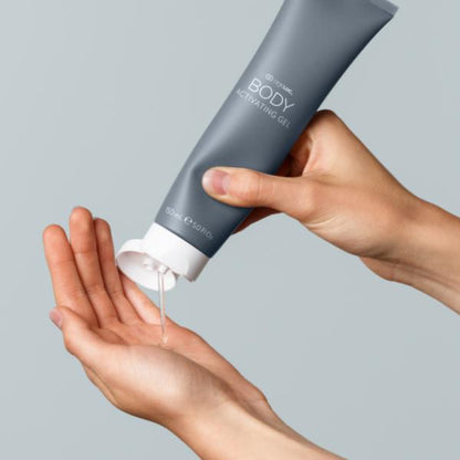  ageLOC Body Activating Gel works with WellSpa iO device for Restore & Relax routines. Hands squeezing tube