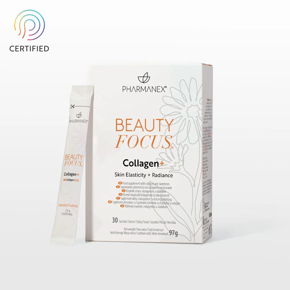 Pharmanex Beauty Focus Collagen+ supplement packaging, showing a white box with orange and black text alongside a single sachet packet on a light gray background.