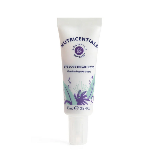 Tube of Nu Skin Eye Love Bright Eyes Illuminating Eye Cream with a white and purple label, indicating the product is for the eye area.