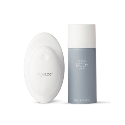 Nu Skin ageLOC WellSpa iO Essential System, including a white and gray serum bottle and a white spa pod, designed for at-home spa experience.