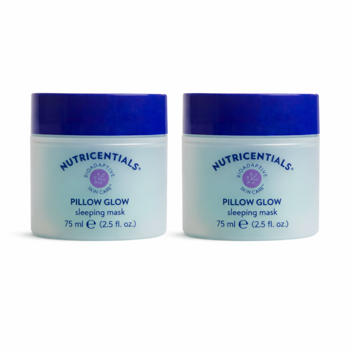 Two jars of Nutricentials Pillow Glow sleeping mask on a white background