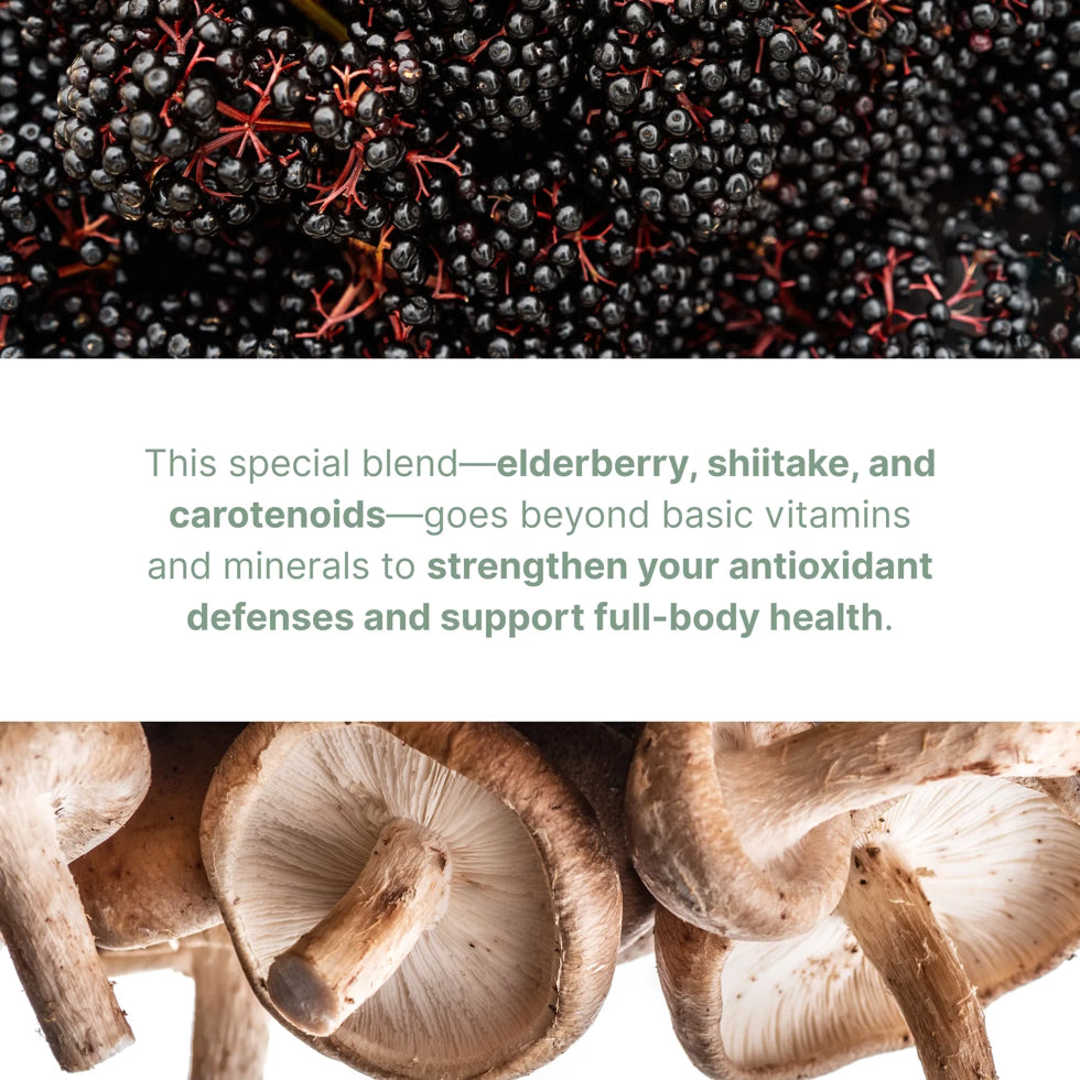 Close-up of elderberries and shiitake mushrooms with text about a special health supplement blend.
