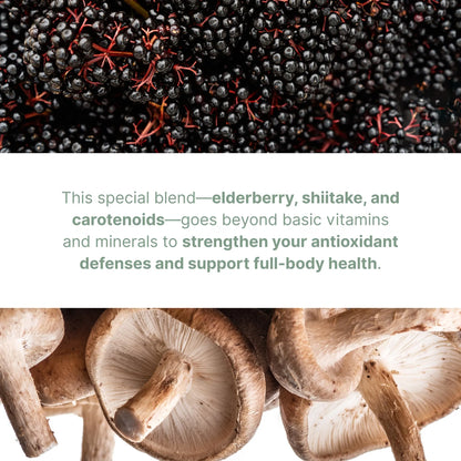 Close-up of elderberries and shiitake mushrooms with text about a special health supplement blend.