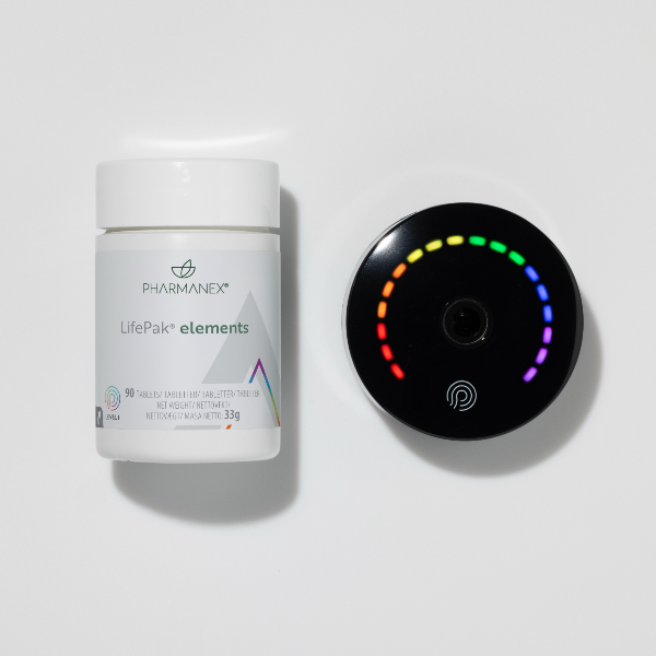 Pharmanex LifePak elements supplement bottle and a prysmiO device with colorful lights on a white background
