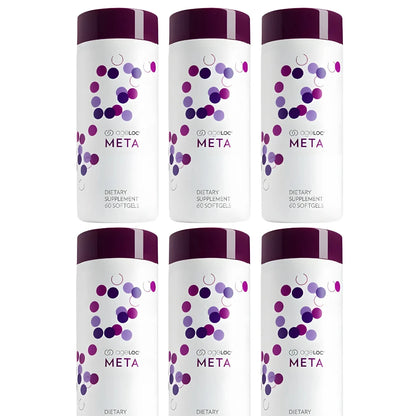 Six bottles of Meta dietary supplements on a white background