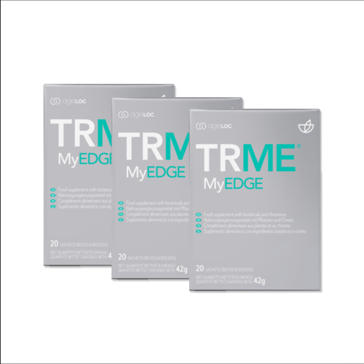 Three packages of TRME MyEdge on a white background