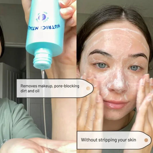 Person holding a skincare product with text about its benefits, next to a close-up of a person applying the product to their face.