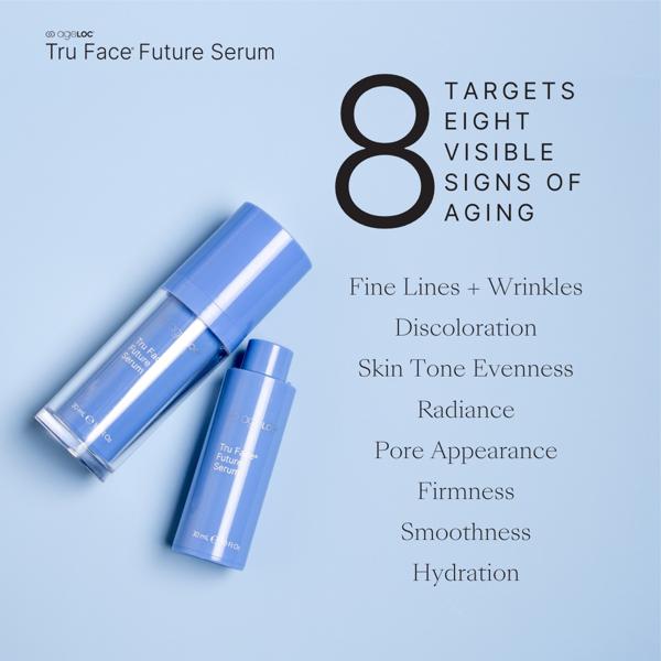 Tru Face Future Serum bottles with text on a light blue background