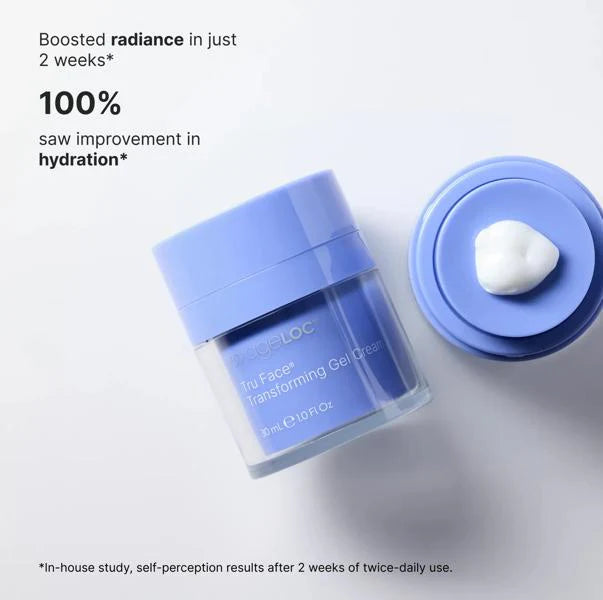 Blue skincare product with a white applicator on a light gray background